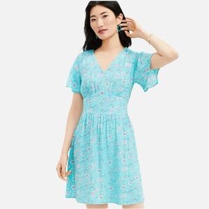 Ann Taylor LOFT Turquoise Floral A-line Dress Short Flutter Sleeves Empire Waist